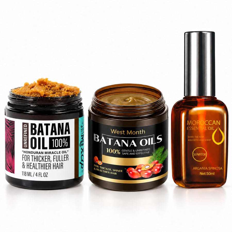 Rituel Batana trio / Batana Scalp & Hair Ritual: Unrefined Batana Oil 118 ml, West Month Batana hair mask and Moroccan argan leave-in oil 50 ml on white