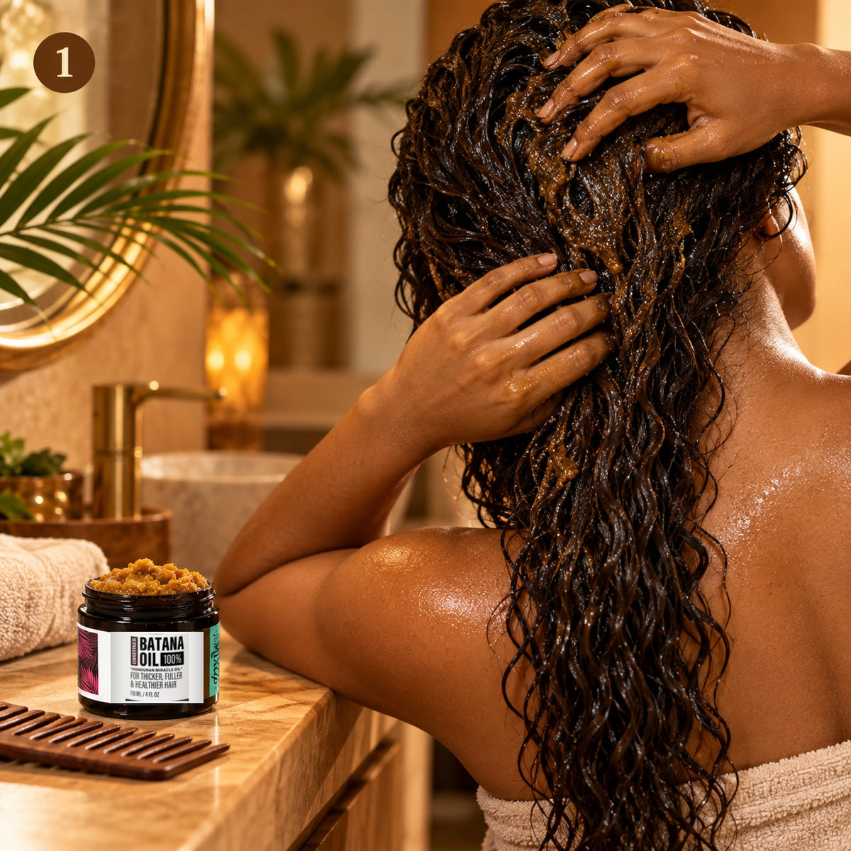 Étape 1 / Step 1 — massaging unrefined batana oil into scalp and lengths before washing
