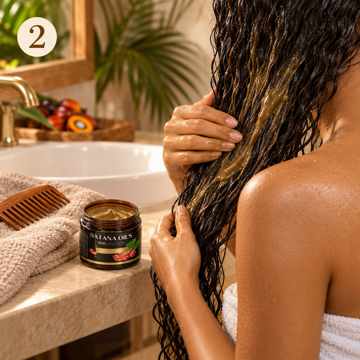 Étape 2 / Step 2 — applying the batana deep conditioning mask to lengths after shampoo