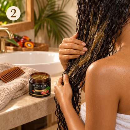 Étape 2 / Step 2 — applying the batana deep conditioning mask to lengths after shampoo