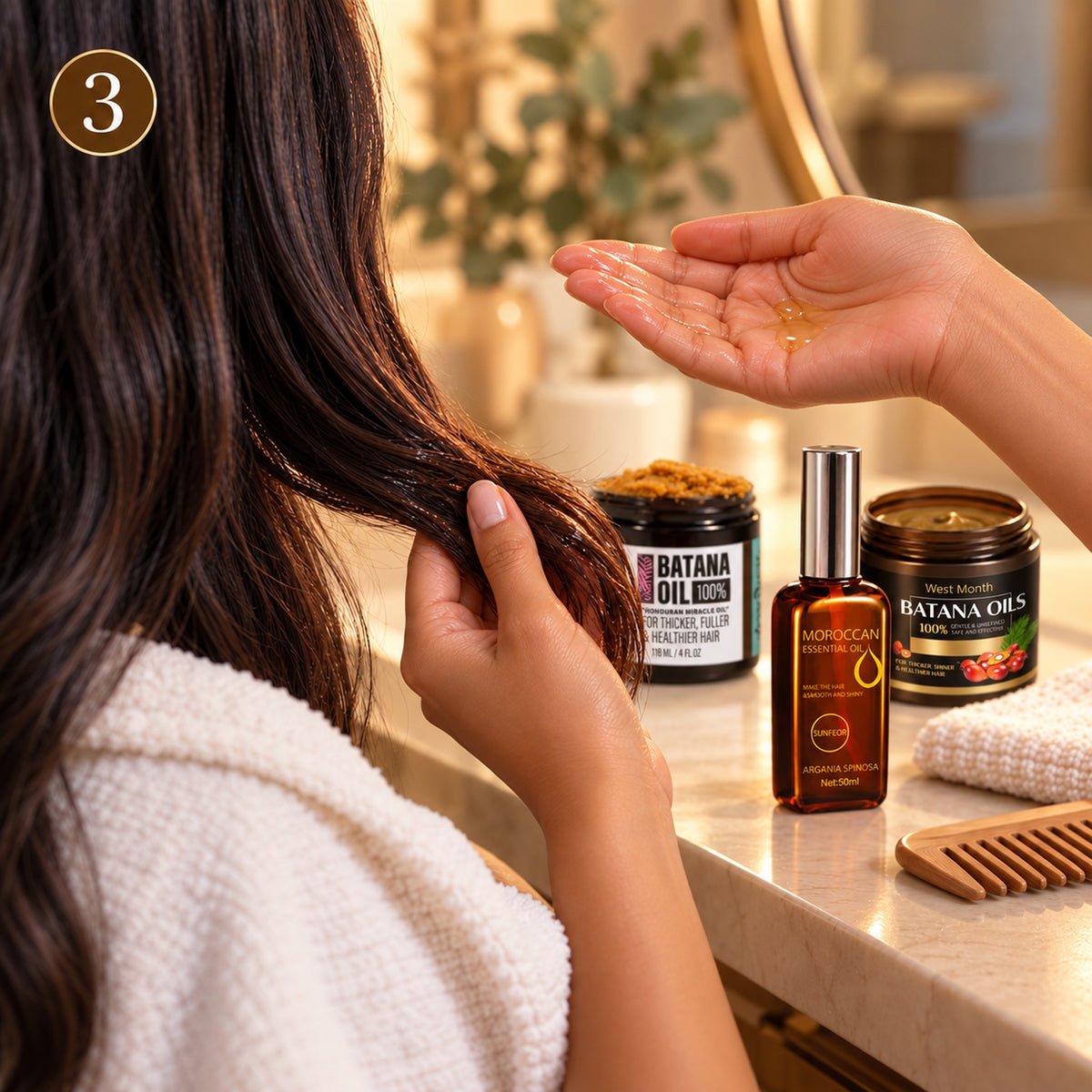 Étape 3 / Step 3 — a few drops of argan leave-in oil worked into the hair ends for smooth, shiny-looking hair