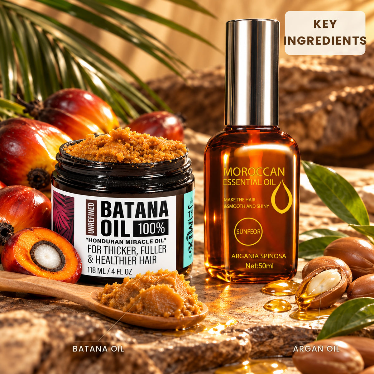 Key ingredients / Ingrédients clés — batana oil with palm fruit and argan oil with argan nuts
