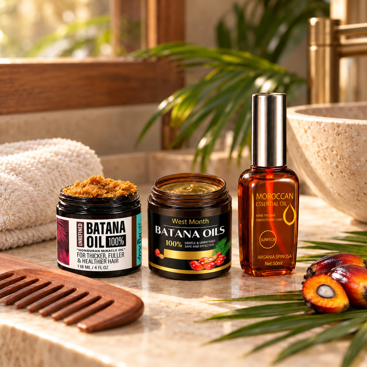 Batana scalp and hair ritual trio on a bathroom vanity with wooden comb and palm fronds