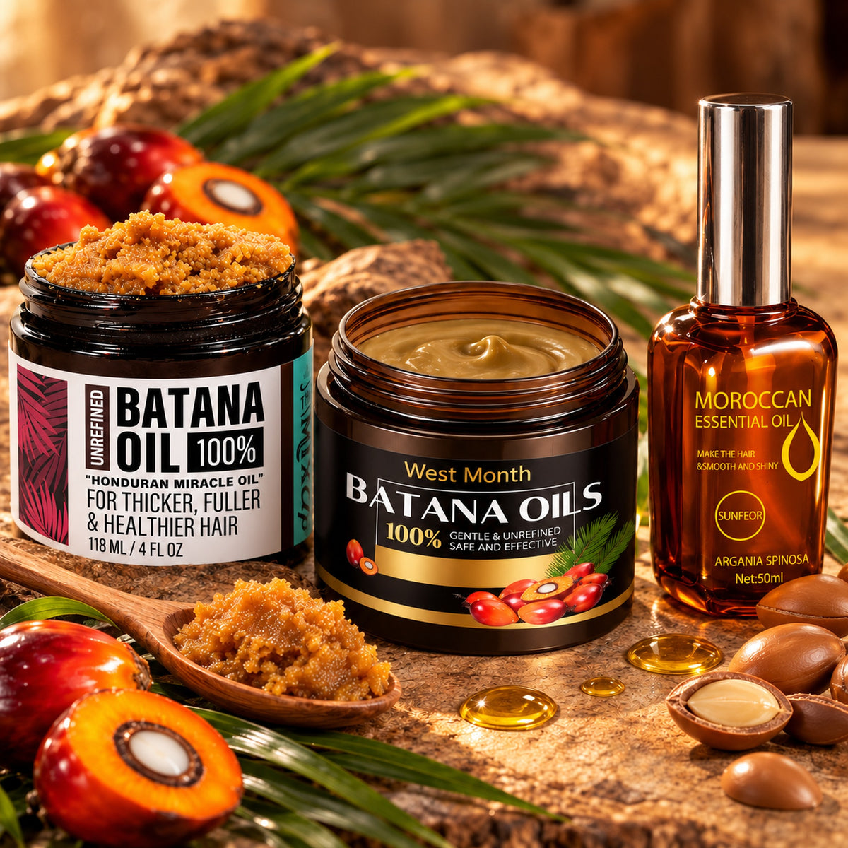 Batana oil, batana mask and argan oil with palm fruit, batana paste and argan nuts
