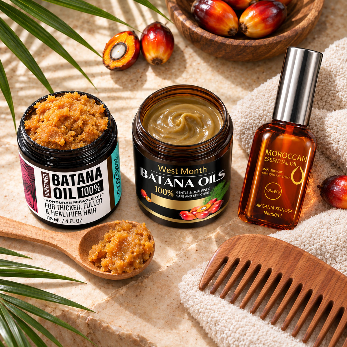 Wash-day batana ritual flat lay — batana oil, batana mask, argan oil, towel and wooden comb