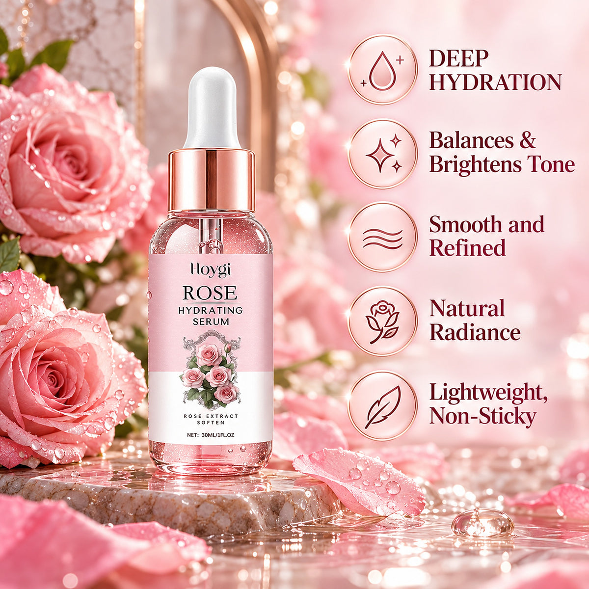 Rose Hydrating Serum benefits: deep hydration, balances and brightens tone, smooth and refined, natural radiance, lightweight non-sticky