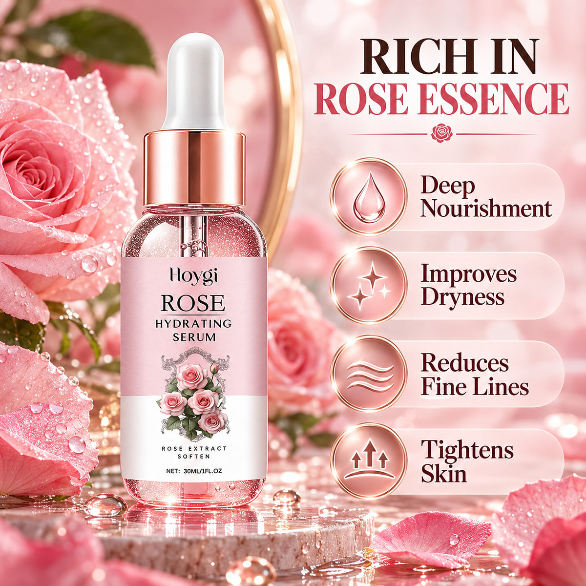Rich in rose essence: deep nourishment, improves dryness, reduces fine lines, tightens skin