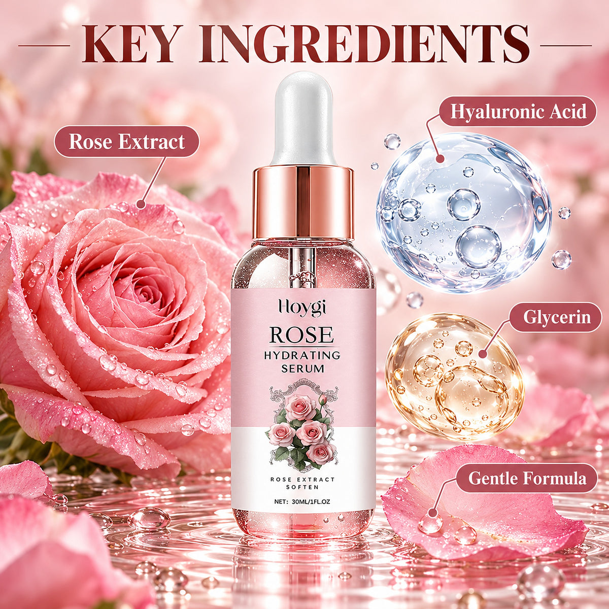 Key ingredients of the Rose Hydrating Serum: rose extract, hyaluronic acid, glycerin, gentle formula