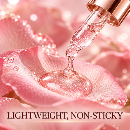 Lightweight, non-sticky pink shimmer rose serum texture from the dropper