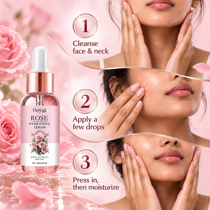 How to use the Rose Hydrating Serum in 3 steps: cleanse, apply a few drops, press in then moisturize