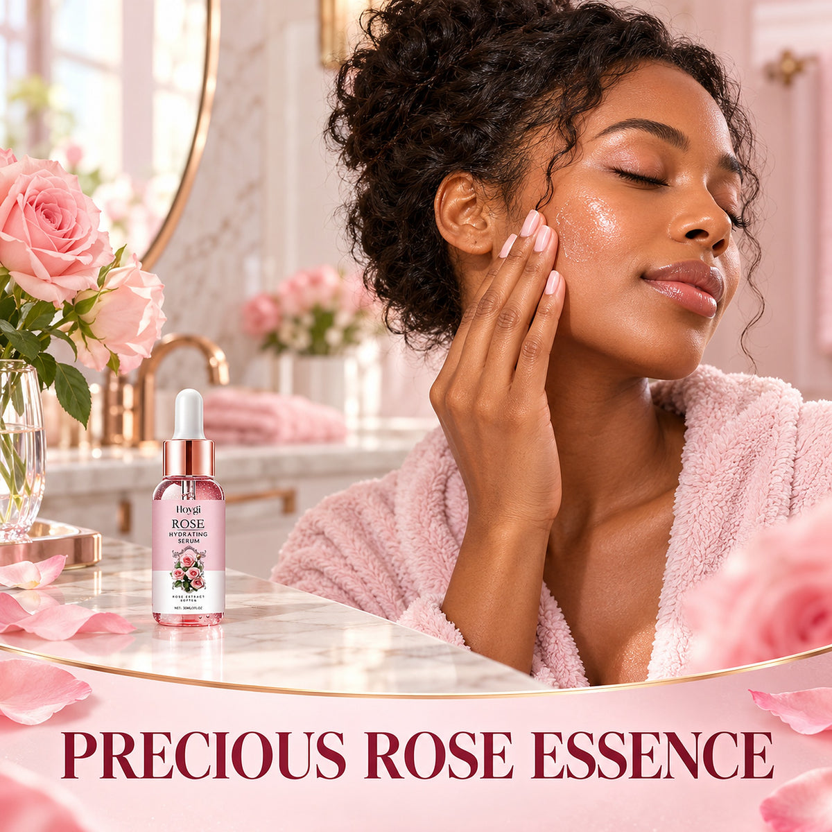 Woman pressing Hoygi Rose Hydrating Serum into her cheek in a pink bathroom