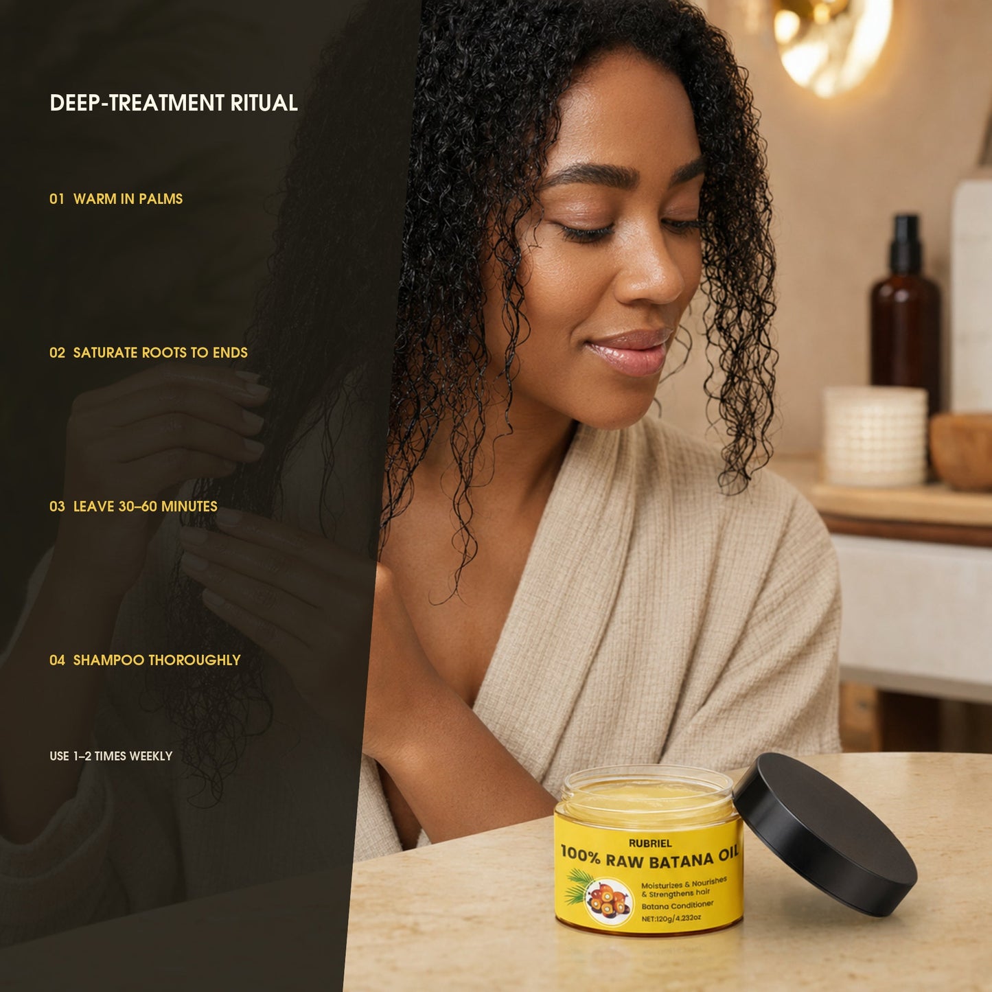 How to use Rubriel Batana Oil: warm, saturate hair, leave 30–60 minutes and shampoo