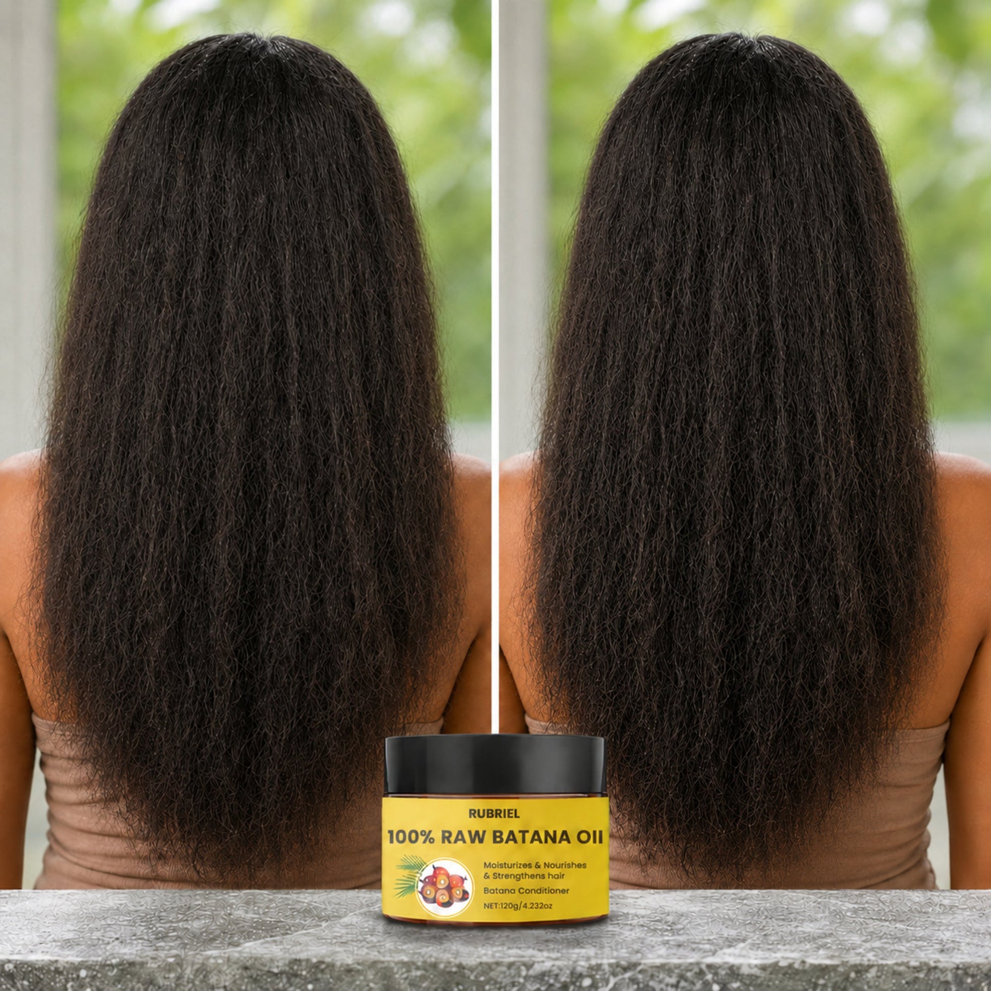 Rubriel Batana Oil conservative before-and-after with matched curl pattern and length
