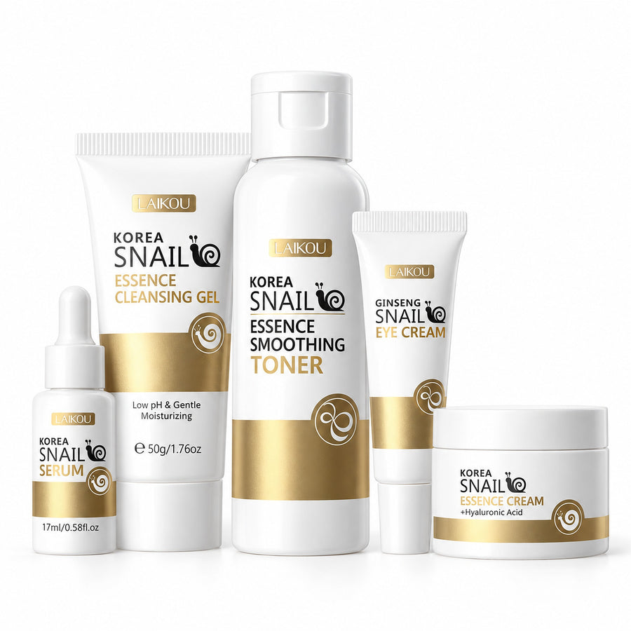 LAIKOU Korea Snail 5-piece set – cleansing gel, smoothing toner, eye cream, serum and essence cream on white