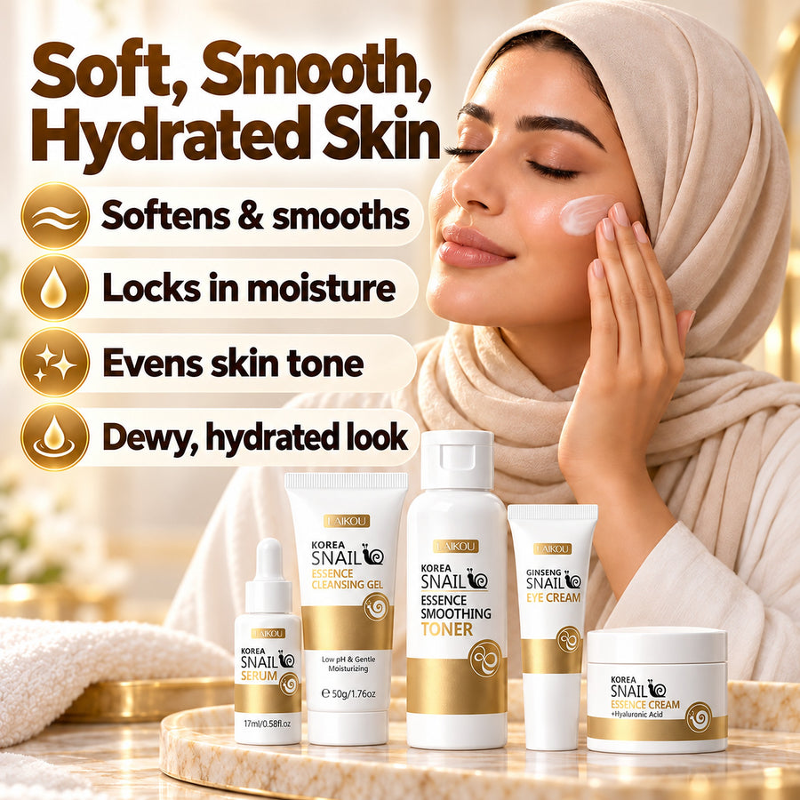 Woman applying snail essence cream – softens and smooths, locks in moisture, evens skin tone, dewy hydrated look