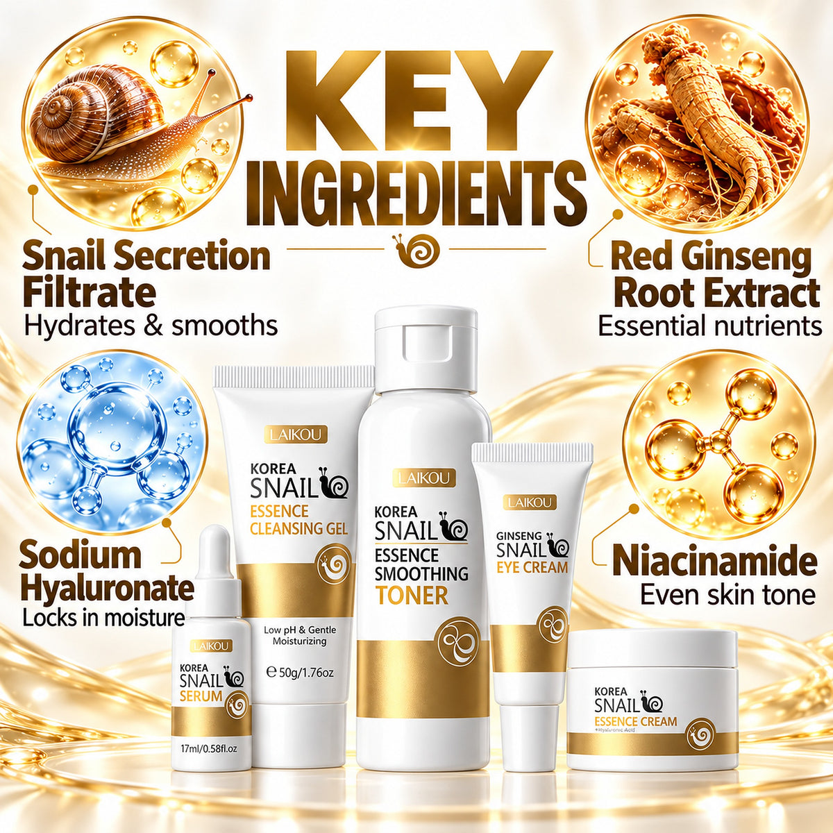 Key ingredients – snail secretion filtrate, red ginseng root extract, sodium hyaluronate and niacinamide