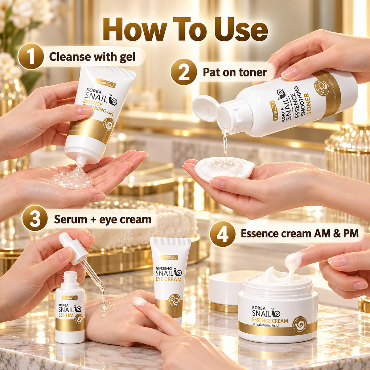 How to use the snail routine – cleanse with gel, pat on toner, serum then eye cream, essence cream AM and PM