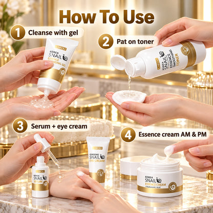 How to use the snail routine – cleanse with gel, pat on toner, serum then eye cream, essence cream AM and PM