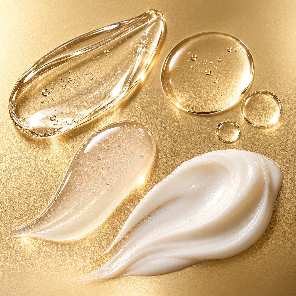 Texture swatches of the cleansing gel, toner, serum and essence cream on gold