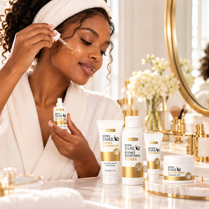 Woman in a bathrobe applying the Korea Snail serum at her vanity