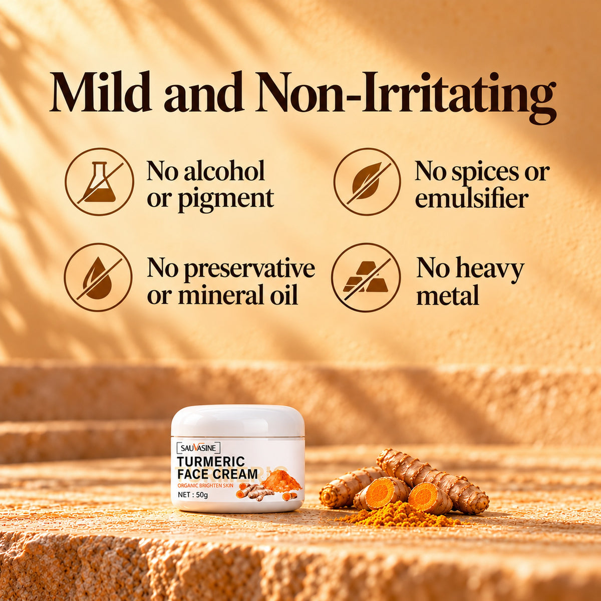 Mild and non-irritating turmeric cream: no alcohol or pigment, no spices or emulsifier, no preservative or mineral oil, no heavy metal