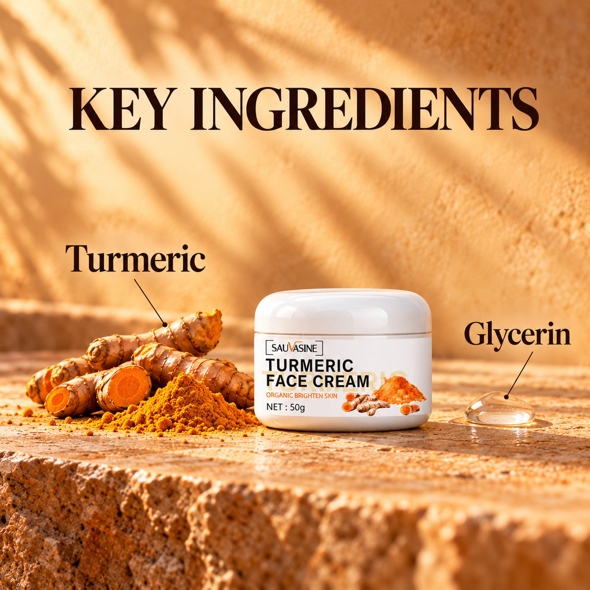 Key ingredients: turmeric and glycerin, with fresh turmeric roots and powder beside the jar