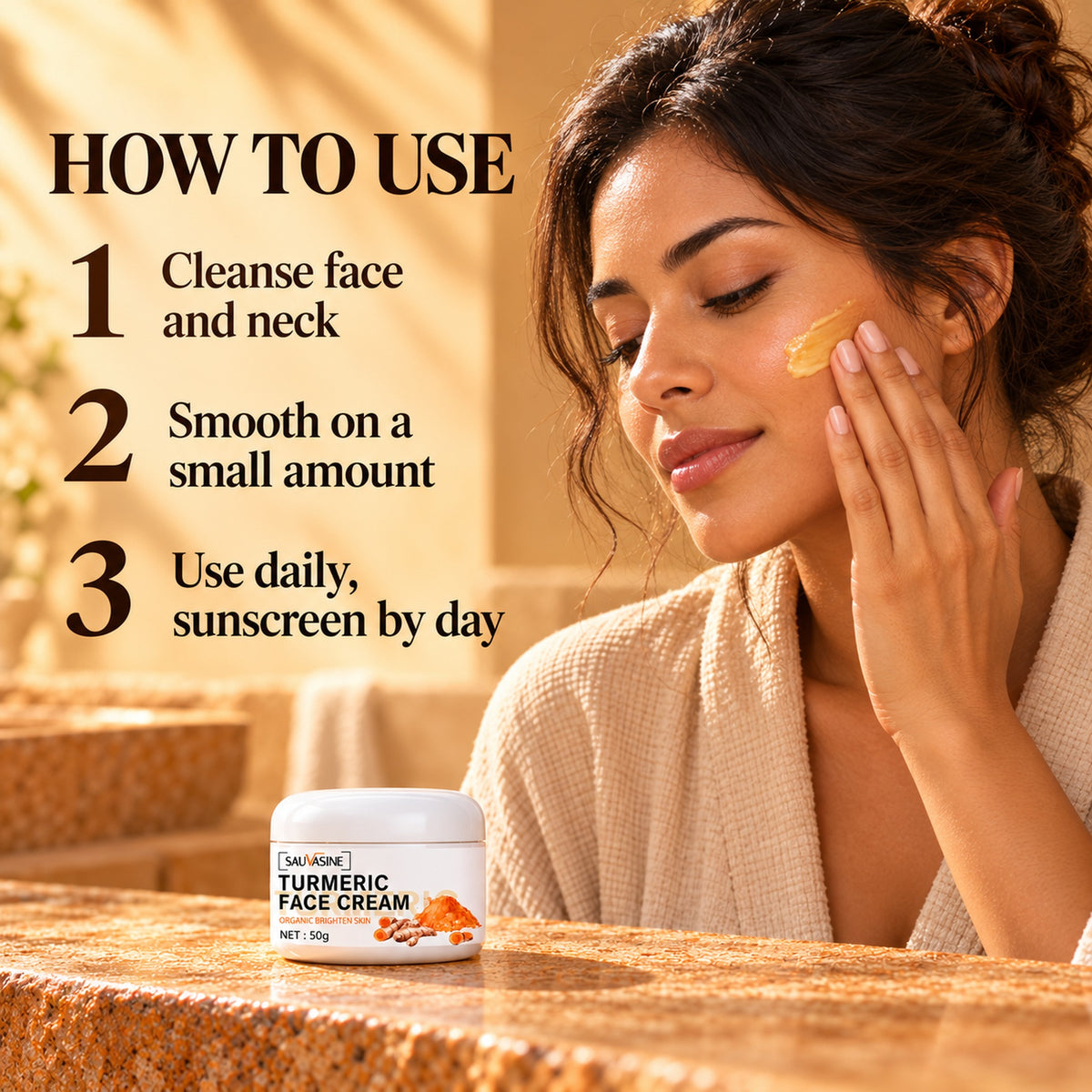 How to use the turmeric face cream: cleanse face and neck, smooth on a small amount, use daily with sunscreen by day