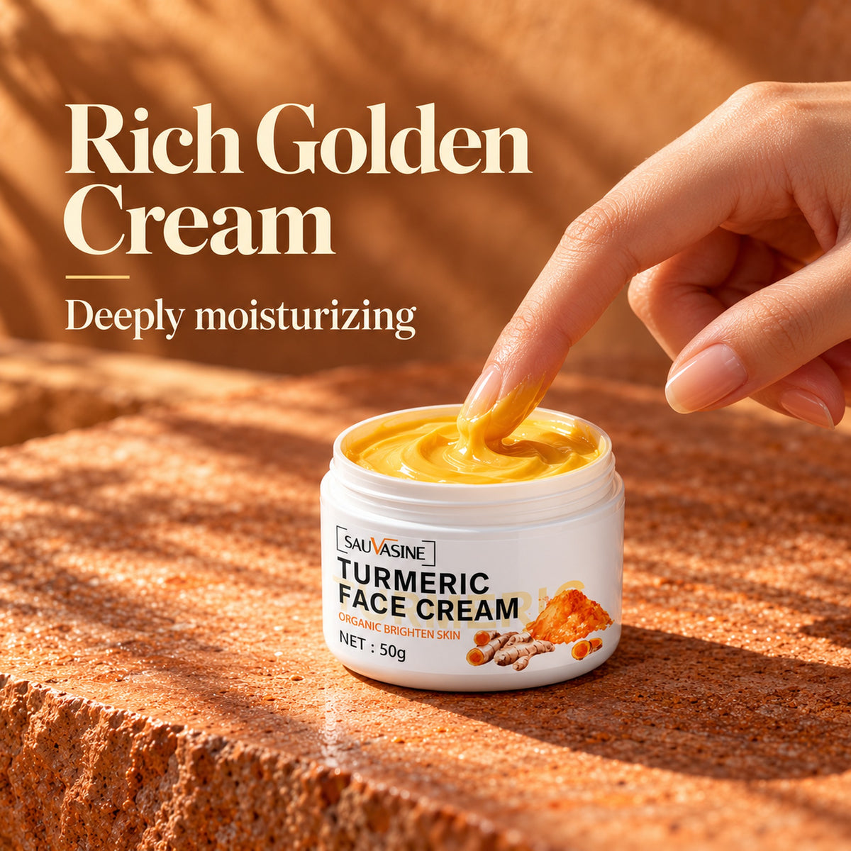Rich golden turmeric cream texture in the open jar, deeply moisturizing