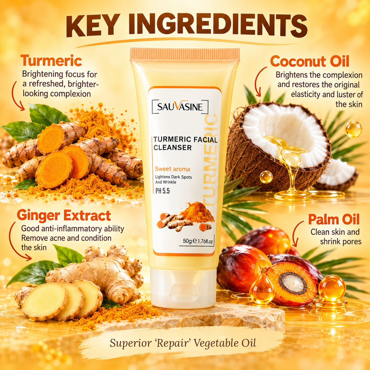 Key ingredients: turmeric, ginger extract, coconut oil and palm oil