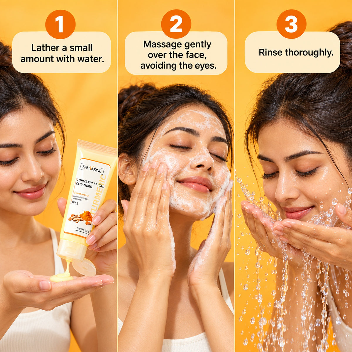 How to use the turmeric facial cleanser in 3 steps