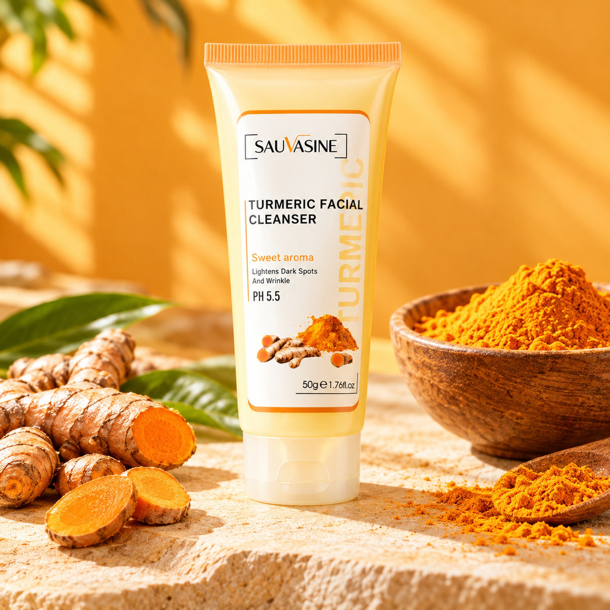 SAUVASINE turmeric cleanser with fresh turmeric roots and a bowl of turmeric powder
