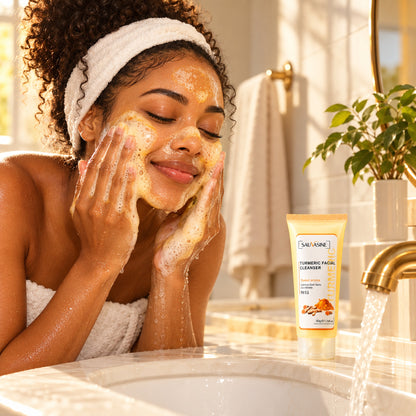 Woman washing her face with golden turmeric cleanser foam at the sink