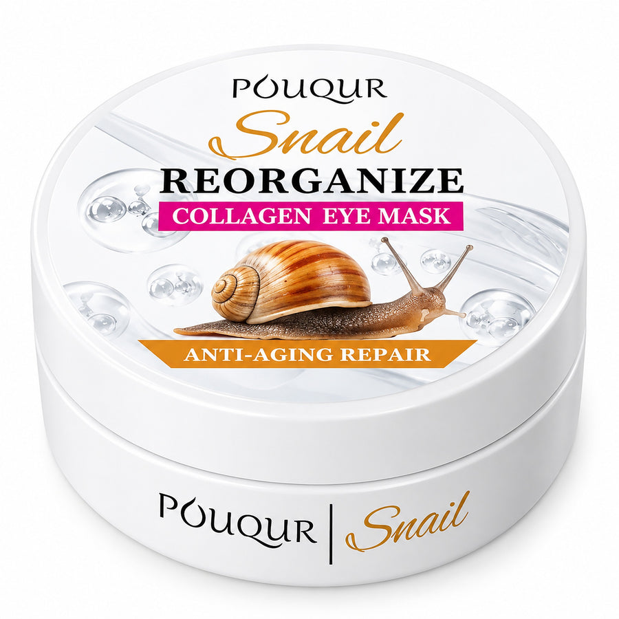 POUQUR Snail Reorganize Collagen Eye Mask jar of 60 under-eye patches on a white background