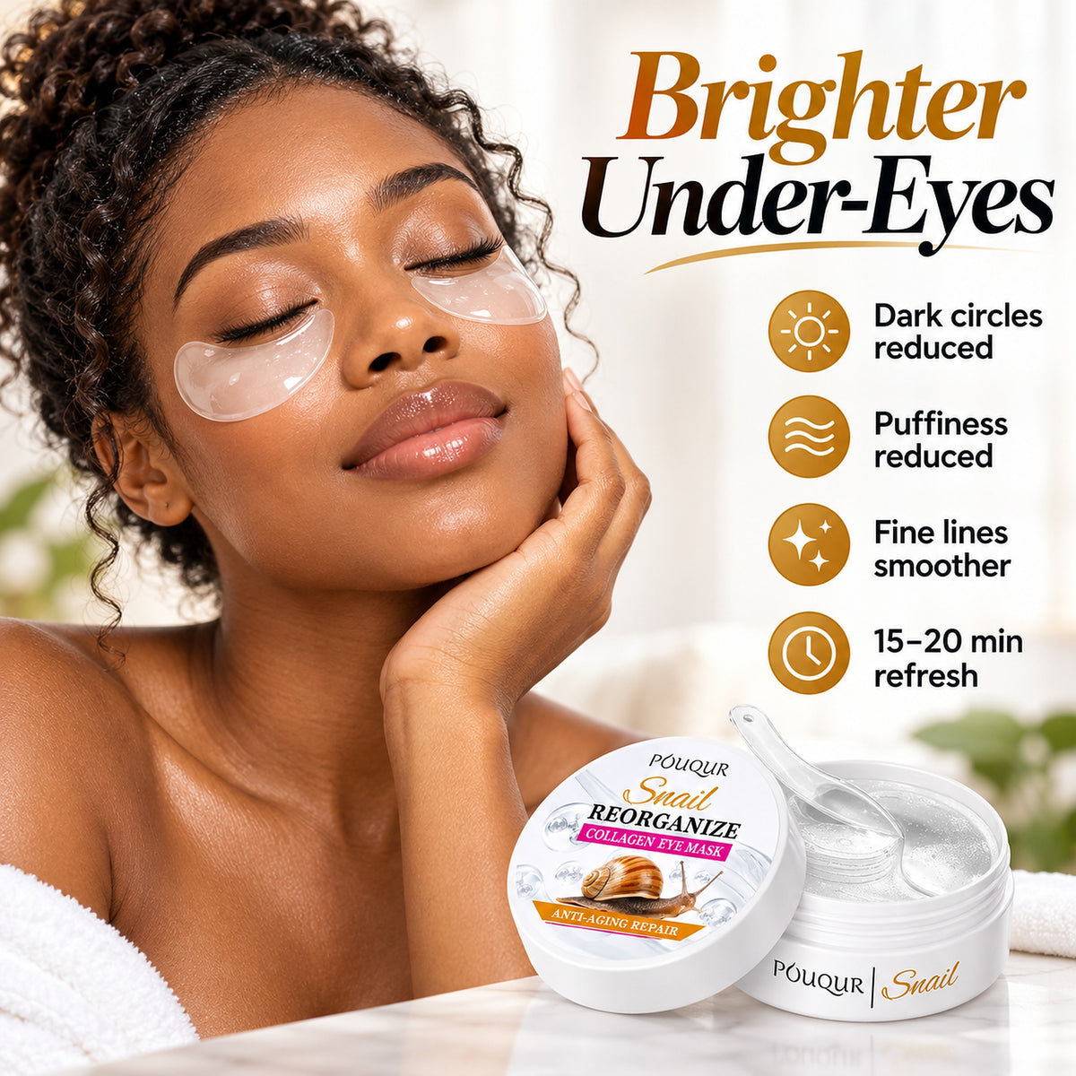 Woman wearing snail collagen under-eye patches – dark circles and puffiness reduced, fine lines smoother, 15–20 min refresh