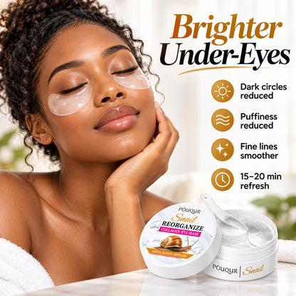 Woman wearing snail collagen under-eye patches – dark circles and puffiness reduced, fine lines smoother, 15–20 min refresh