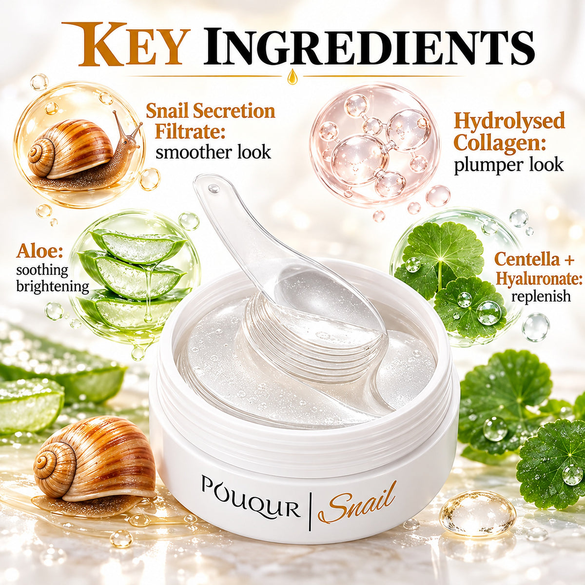 Key ingredients – snail secretion filtrate, hydrolysed collagen, aloe, centella and sodium hyaluronate