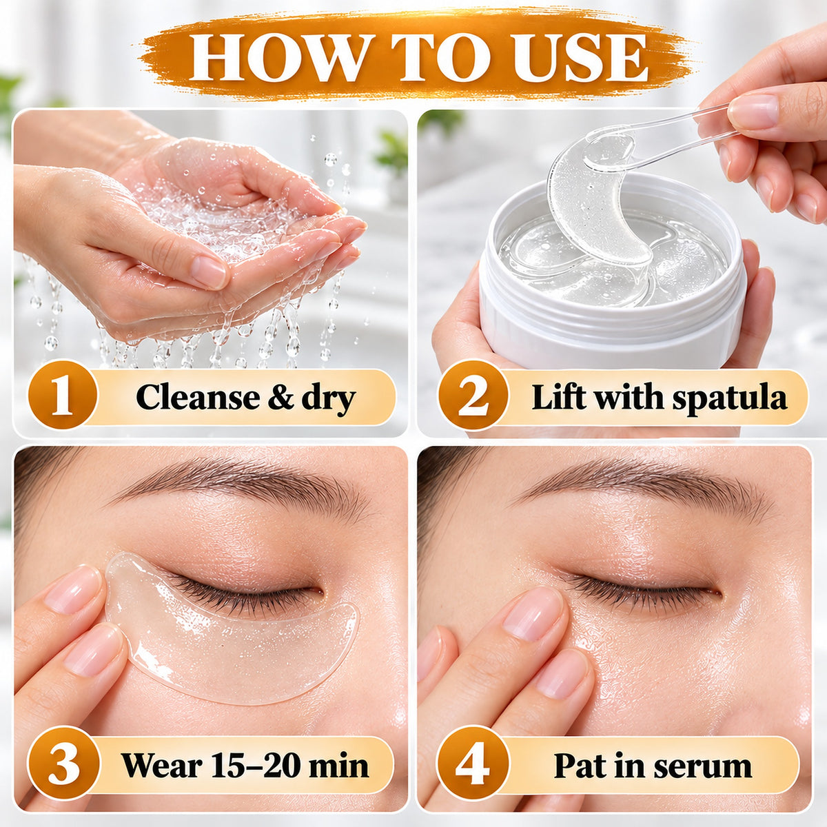 How to use the under-eye patches – cleanse and dry, lift with spatula, wear 15–20 minutes, pat in the serum