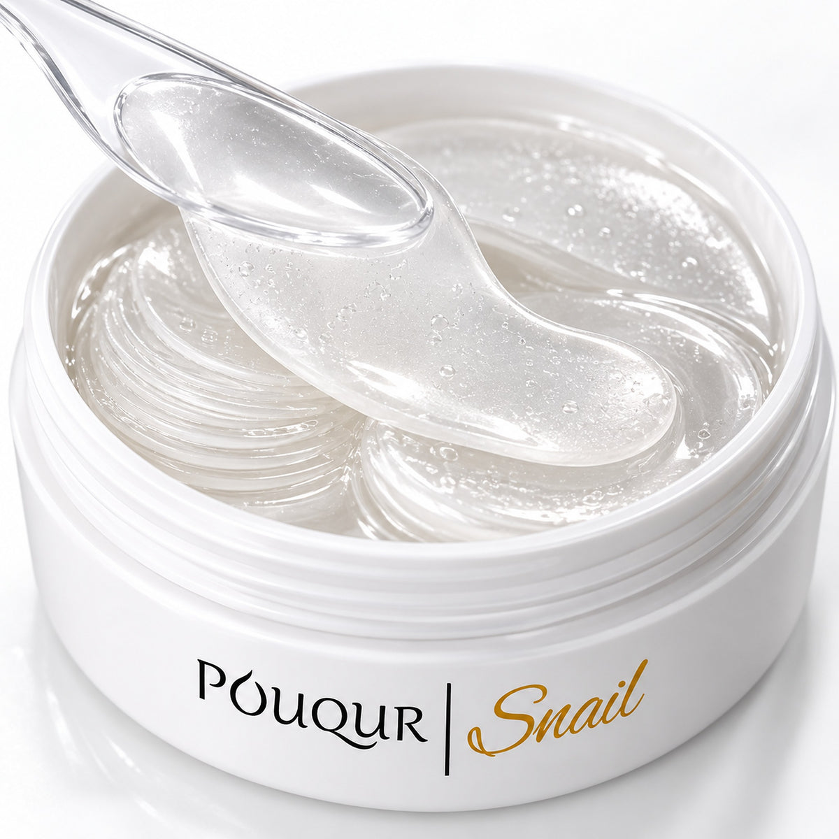 Open jar of clear hydrogel snail collagen eye patches with the spatula lifting one patch