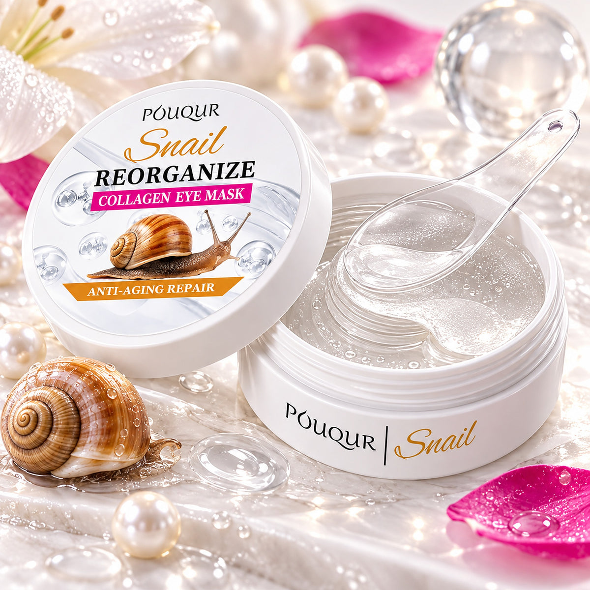 POUQUR snail eye mask jar with pearls, dew drops and a garden snail