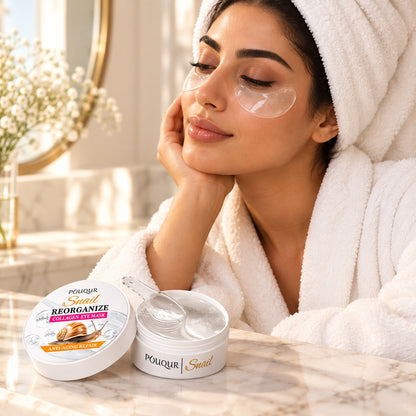 Woman relaxing in a bathrobe with under-eye patches on, jar on the vanity