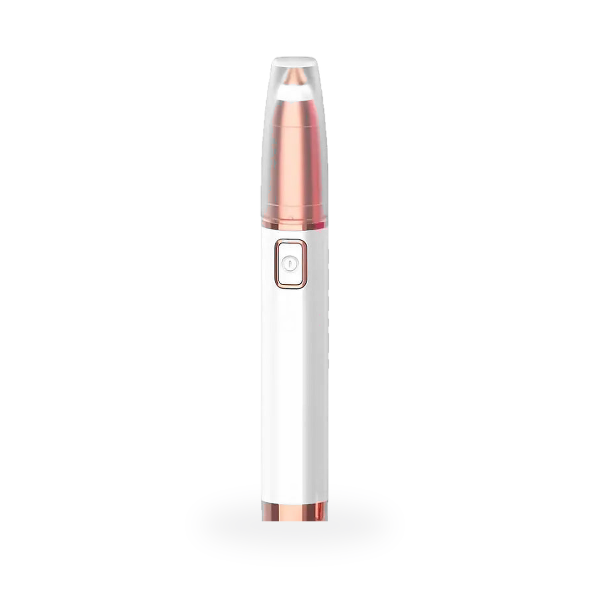 Rechargeable precision eyebrow trimmer, white body with rose-gold head, on white