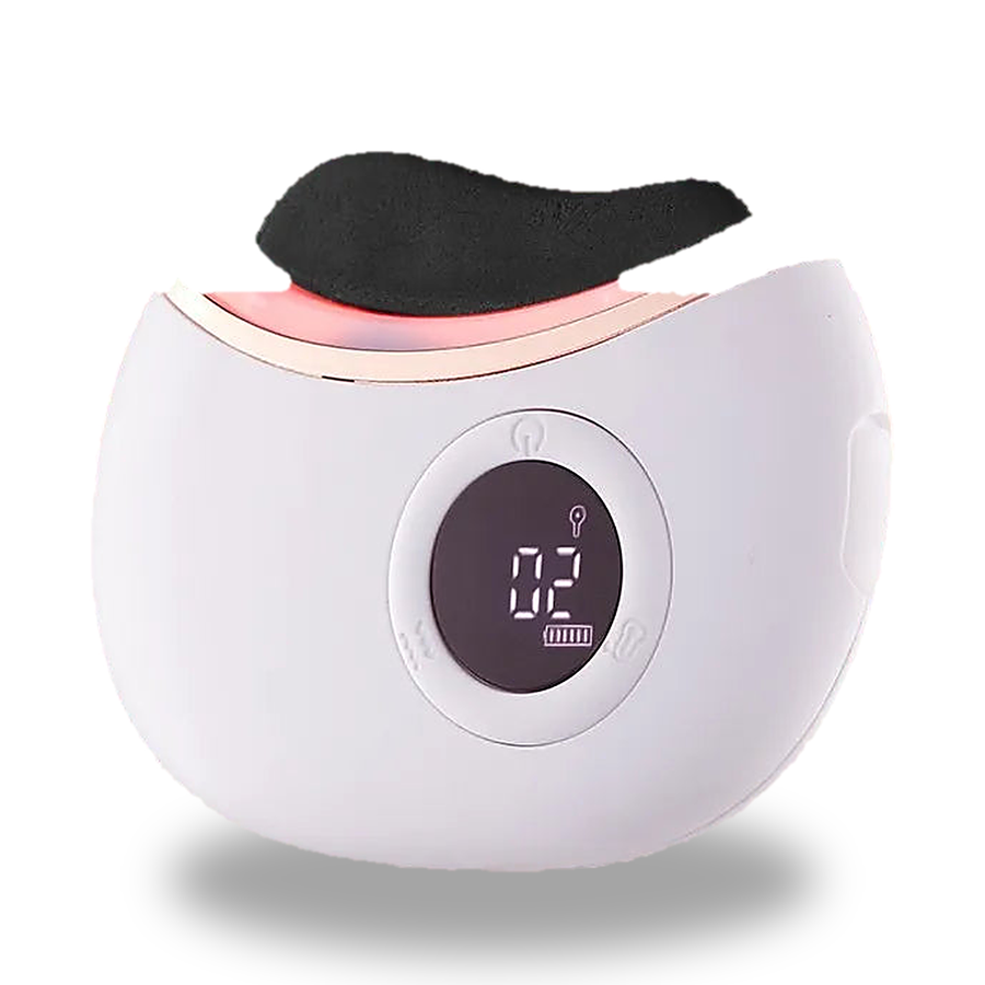 Electric heated gua sha facial massager, black stone head, white body with LED level display