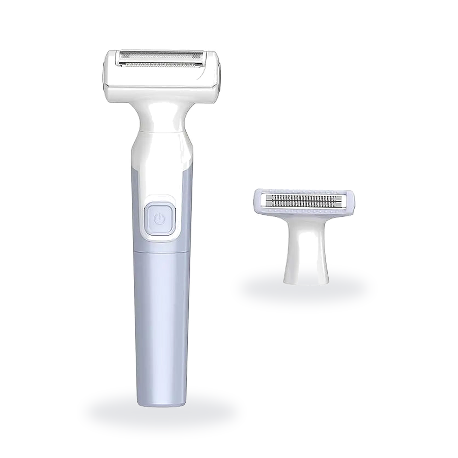2-in-1 women's electric shaver and bikini trimmer with spare trimmer head, on white