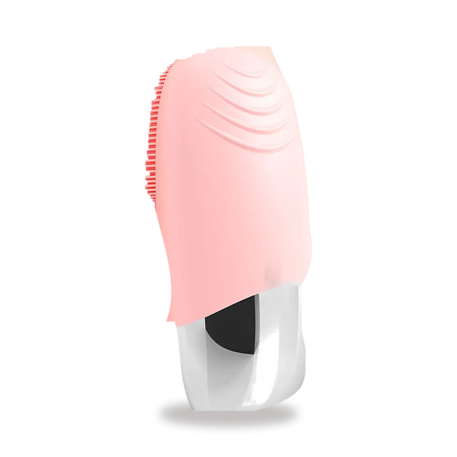 Pink electric facial cleansing brush with soft silicone bristles and chrome base, on white
