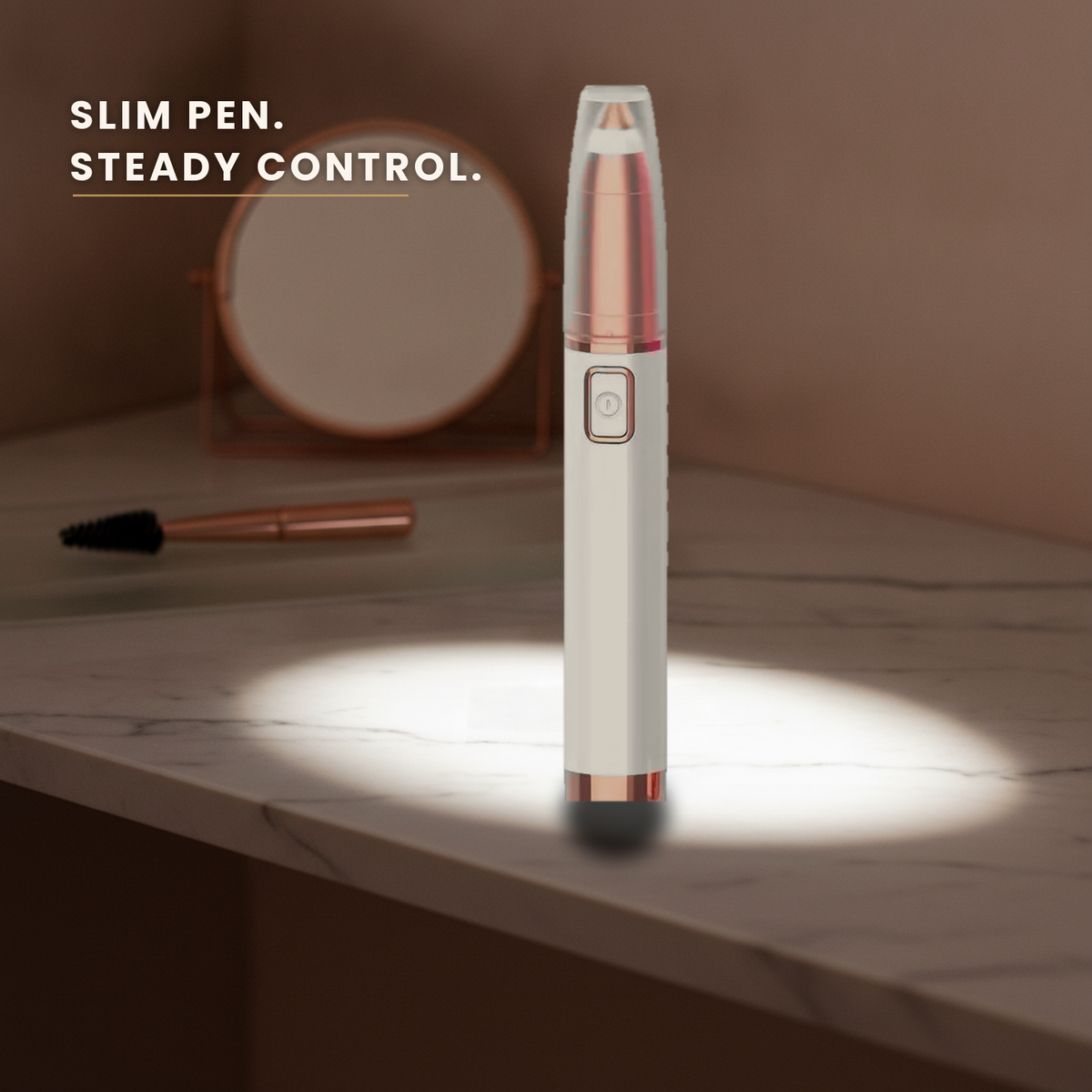 Slim eyebrow trimmer pen standing on a marble vanity ledge in a pool of light