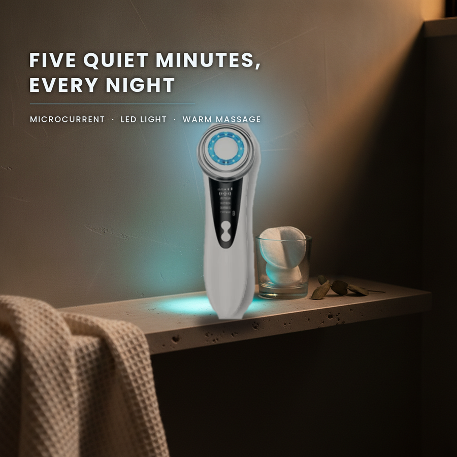 White facial massager on a stone bathroom shelf at night with its LED ring glowing