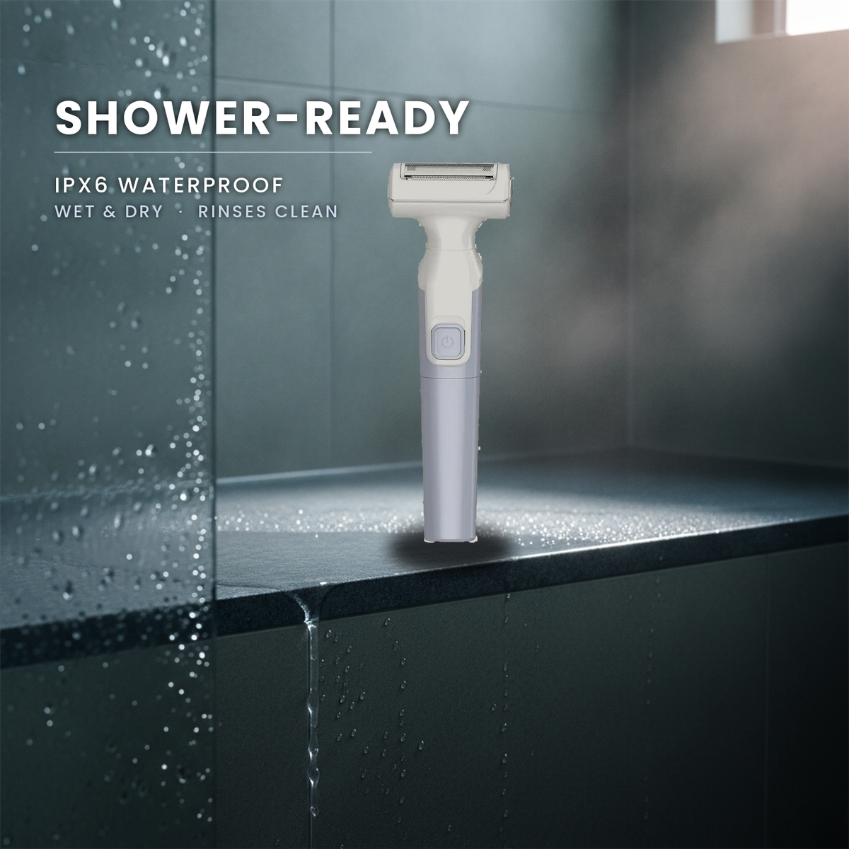 Shower-ready: IPX6 waterproof cordless shaver on a wet shower ledge