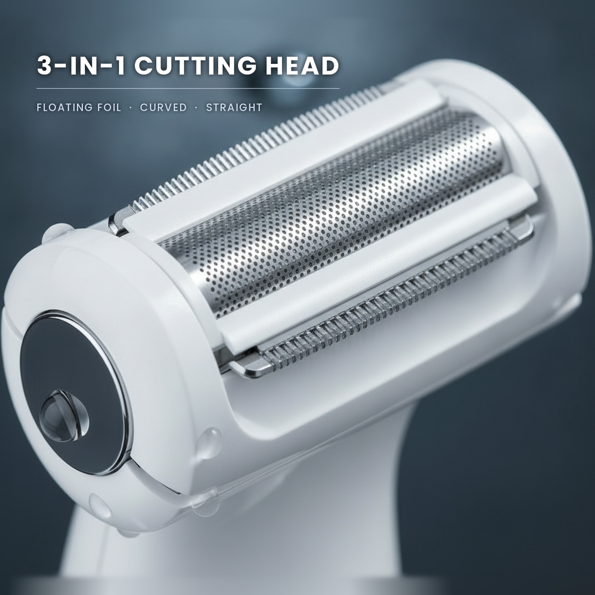 Macro of the 3-in-1 cutting head: floating foil, curved and straight blades