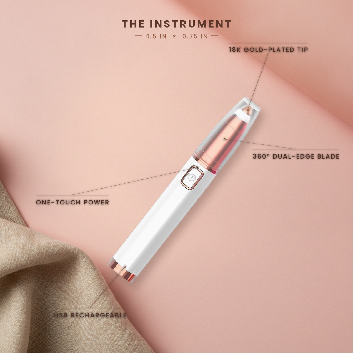 Labelled diagram: gold-plated tip, 360 degree dual-edge blade, one-touch power, USB rechargeable, 4.5 by 0.75 inches