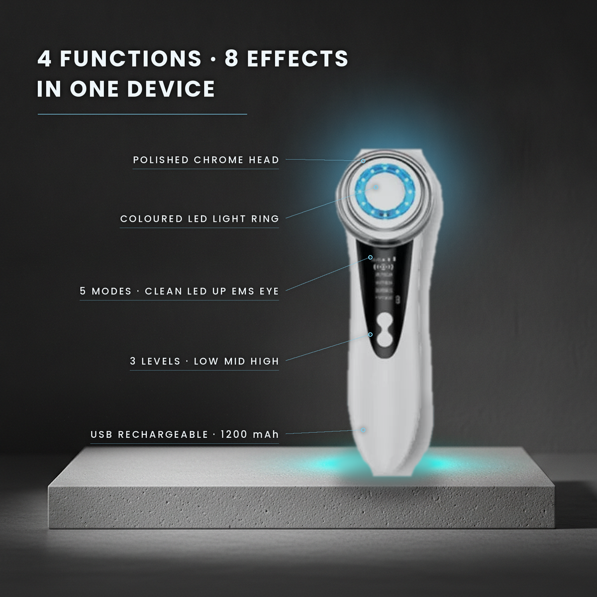 Feature callouts: chrome head, LED light ring, 5 modes CLEAN LED UP EMS EYE, 3 levels, USB rechargeable 1200 mAh